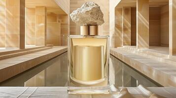 Elegance in Clarity. A Luxurious Perfume Amidst Architectural Grace photo
