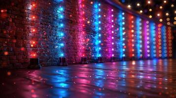 Enchanted Night. A Symphony of Lights Against a Rustic Brick Wall photo