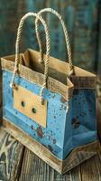 Rustic Shopping Bag on a Wooden Surface with Artistic Shadows photo