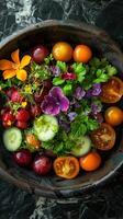 Garden's Bounty. A Vibrant Mix of Fresh Vegetables and Blooms photo