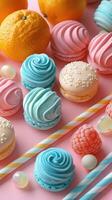 Colorful Array of Macarons and Fruits on a Pink Background photo