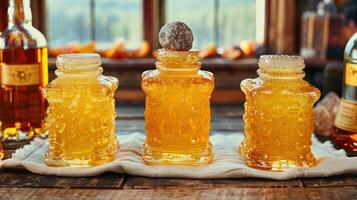 Amber Nectar. Artisanal Honey Jars in Sunlit Rustic Charm photo