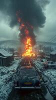 Fiery Eruption Amidst a Snowy Village. A Contrast of Fire and Ice photo