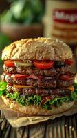 Gourmet Delight. A Succulent, Juicy Burger Stacked with Fresh Ingredients photo