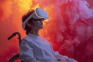 Immersive Virtual Reality Experience Amidst Fiery Red Clouds photo
