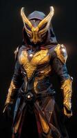 Mystic Warrior in Golden Armor Illuminated in Darkness photo