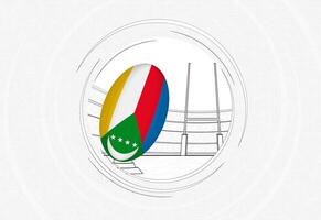 Comoros flag on rugby ball, lined circle rugby icon with ball in a crowded stadium. vector