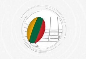 Lithuania flag on rugby ball, lined circle rugby icon with ball in a crowded stadium. vector