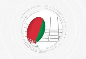 bielorrusia bandera en rugby pelota, forrado circulo rugby icono con pelota en un concurrido estadio. vector