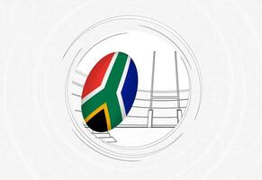 South Africa flag on rugby ball, lined circle rugby icon with ball in a crowded stadium. vector