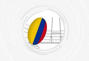 Colombia flag on rugby ball, lined circle rugby icon with ball in a crowded stadium. vector