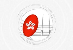 Hong Kong flag on rugby ball, lined circle rugby icon with ball in a crowded stadium. vector