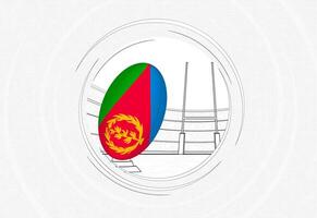 Eritrea flag on rugby ball, lined circle rugby icon with ball in a crowded stadium. vector