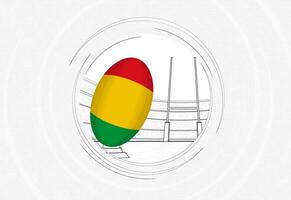 Mali flag on rugby ball, lined circle rugby icon with ball in a crowded stadium. vector
