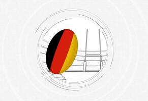 Alemania bandera en rugby pelota, forrado circulo rugby icono con pelota en un concurrido estadio. vector