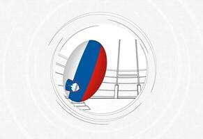 Slovenia flag on rugby ball, lined circle rugby icon with ball in a crowded stadium. vector