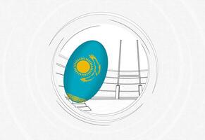 Kazakhstan flag on rugby ball, lined circle rugby icon with ball in a crowded stadium. vector