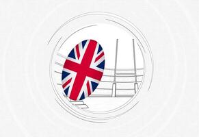 United Kingdom flag on rugby ball, lined circle rugby icon with ball in a crowded stadium. vector