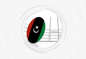 Libia bandera en rugby pelota, forrado circulo rugby icono con pelota en un concurrido estadio. vector