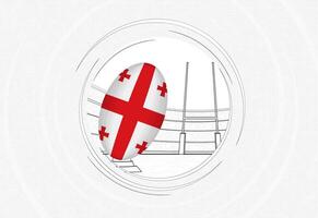 Georgia flag on rugby ball, lined circle rugby icon with ball in a crowded stadium. vector