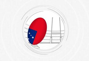 Samoa flag on rugby ball, lined circle rugby icon with ball in a crowded stadium. vector