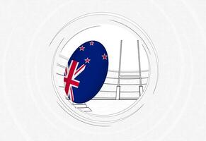 New Zealand flag on rugby ball, lined circle rugby icon with ball in a crowded stadium. vector