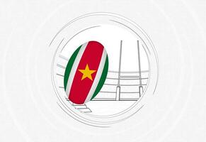 Surinam bandera en rugby pelota, forrado circulo rugby icono con pelota en un concurrido estadio. vector