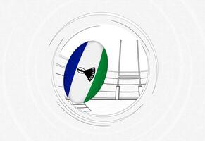 Lesotho flag on rugby ball, lined circle rugby icon with ball in a crowded stadium. vector