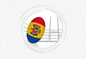 Moldova flag on rugby ball, lined circle rugby icon with ball in a crowded stadium. vector