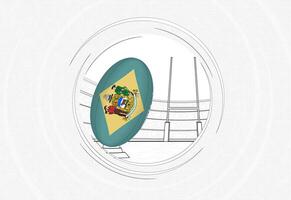 Delaware flag on rugby ball, lined circle rugby icon with ball in a crowded stadium. vector