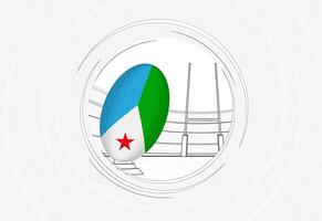 Djibouti flag on rugby ball, lined circle rugby icon with ball in a crowded stadium. vector