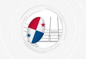 Panama flag on rugby ball, lined circle rugby icon with ball in a crowded stadium. vector