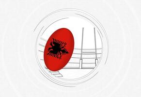 Albania flag on rugby ball, lined circle rugby icon with ball in a crowded stadium. vector