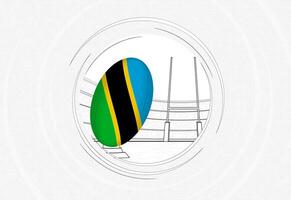 Tanzania bandera en rugby pelota, forrado circulo rugby icono con pelota en un concurrido estadio. vector