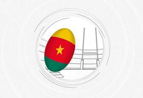 Cameroon flag on rugby ball, lined circle rugby icon with ball in a crowded stadium. vector