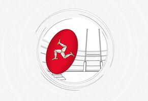 Isle of Man flag on rugby ball, lined circle rugby icon with ball in a crowded stadium. vector