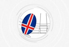 Iceland flag on rugby ball, lined circle rugby icon with ball in a crowded stadium. vector