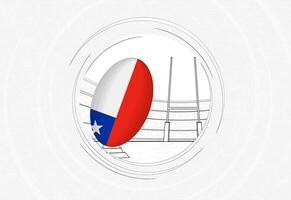 Chile flag on rugby ball, lined circle rugby icon with ball in a crowded stadium. vector