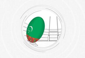 Turkmenistán bandera en rugby pelota, forrado circulo rugby icono con pelota en un concurrido estadio. vector