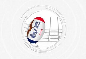 Iowa flag on rugby ball, lined circle rugby icon with ball in a crowded stadium. vector