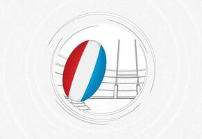 Luxembourg flag on rugby ball, lined circle rugby icon with ball in a crowded stadium. vector