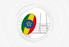 Ethiopia flag on rugby ball, lined circle rugby icon with ball in a crowded stadium. vector