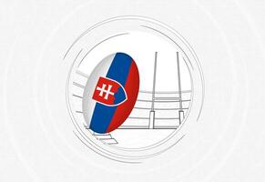 Eslovaquia bandera en rugby pelota, forrado circulo rugby icono con pelota en un concurrido estadio. vector