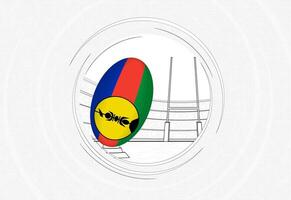 New Caledonia flag on rugby ball, lined circle rugby icon with ball in a crowded stadium. vector