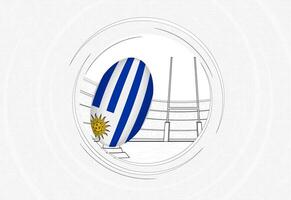 Uruguay flag on rugby ball, lined circle rugby icon with ball in a crowded stadium. vector