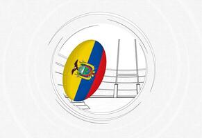 Ecuador flag on rugby ball, lined circle rugby icon with ball in a crowded stadium. vector