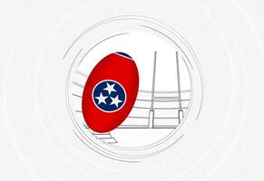 Tennessee flag on rugby ball, lined circle rugby icon with ball in a crowded stadium. vector