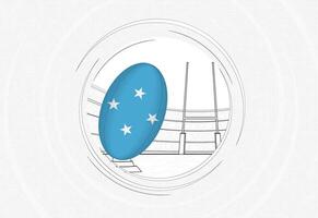 Micronesia flag on rugby ball, lined circle rugby icon with ball in a crowded stadium. vector