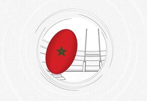 Marruecos bandera en rugby pelota, forrado circulo rugby icono con pelota en un concurrido estadio. vector