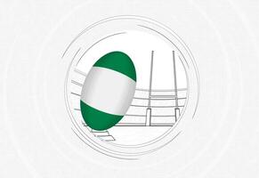 Nigeria bandera en rugby pelota, forrado circulo rugby icono con pelota en un concurrido estadio. vector